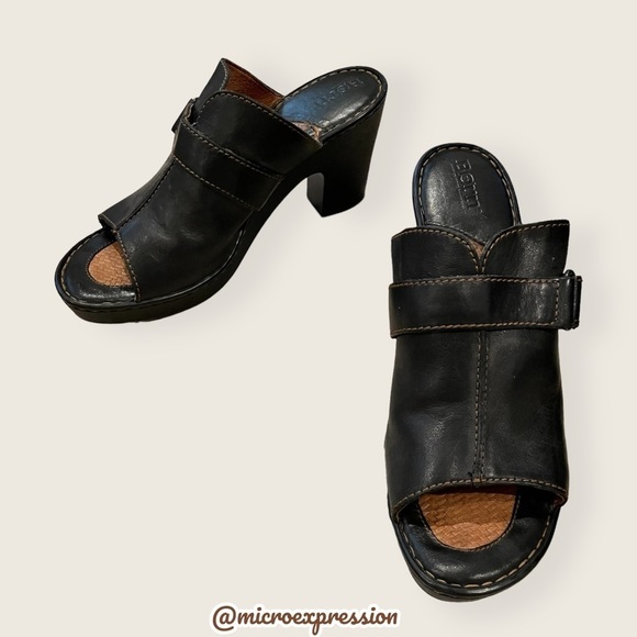 Born Black Real Leather Platform Mules Clogs Buckle Everyday Fashion Cute Heels - Picture 9 of 10